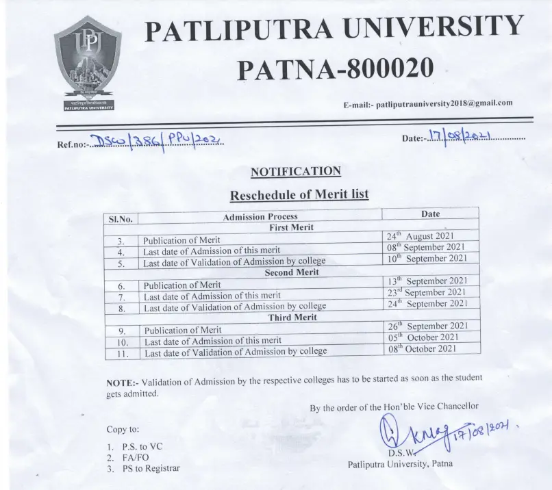 Patliputra University UG Merit List 2021 Download 1st, 2nd, 3rd CutOff List